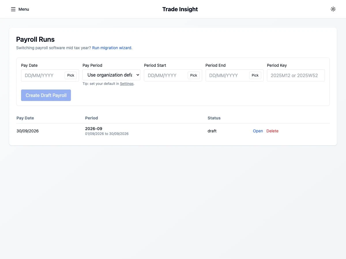 Trade Insight Payroll Runs screen with pay-period controls and a fictional September draft payroll run.